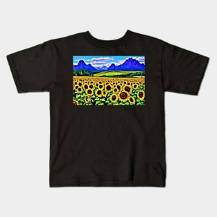 Field of Sunflowers Meadow Landscape with Mountains Kids T-Shirt